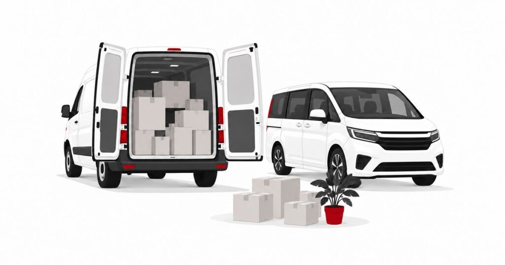 荷物を積んだ商用バンと、白いミニバン
