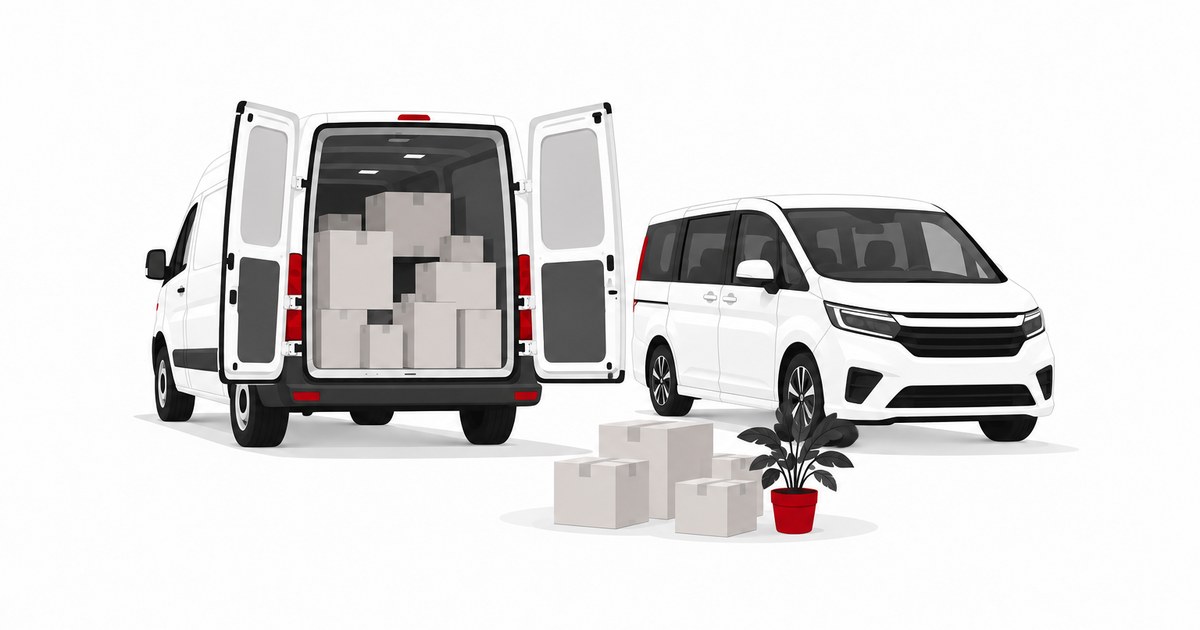 荷物を積んだ商用バンと、白いミニバン