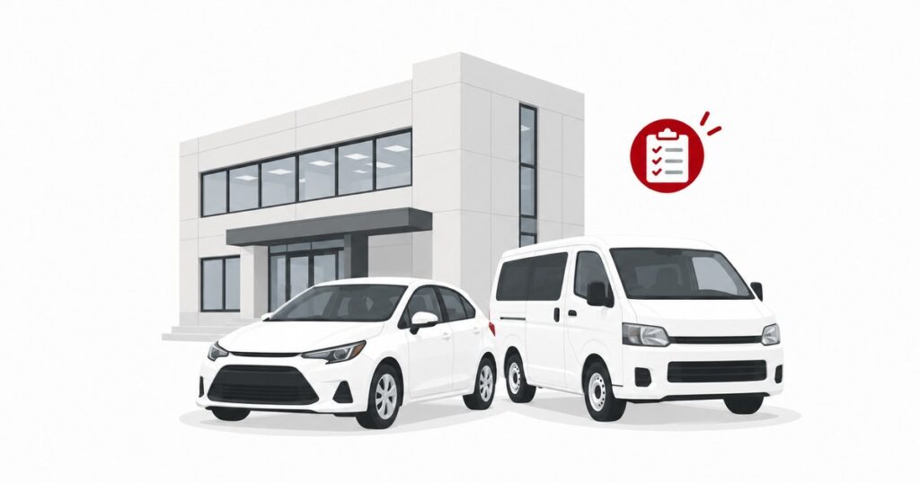 オフィスビルの前に並ぶ社用車（白いセダンとバン）